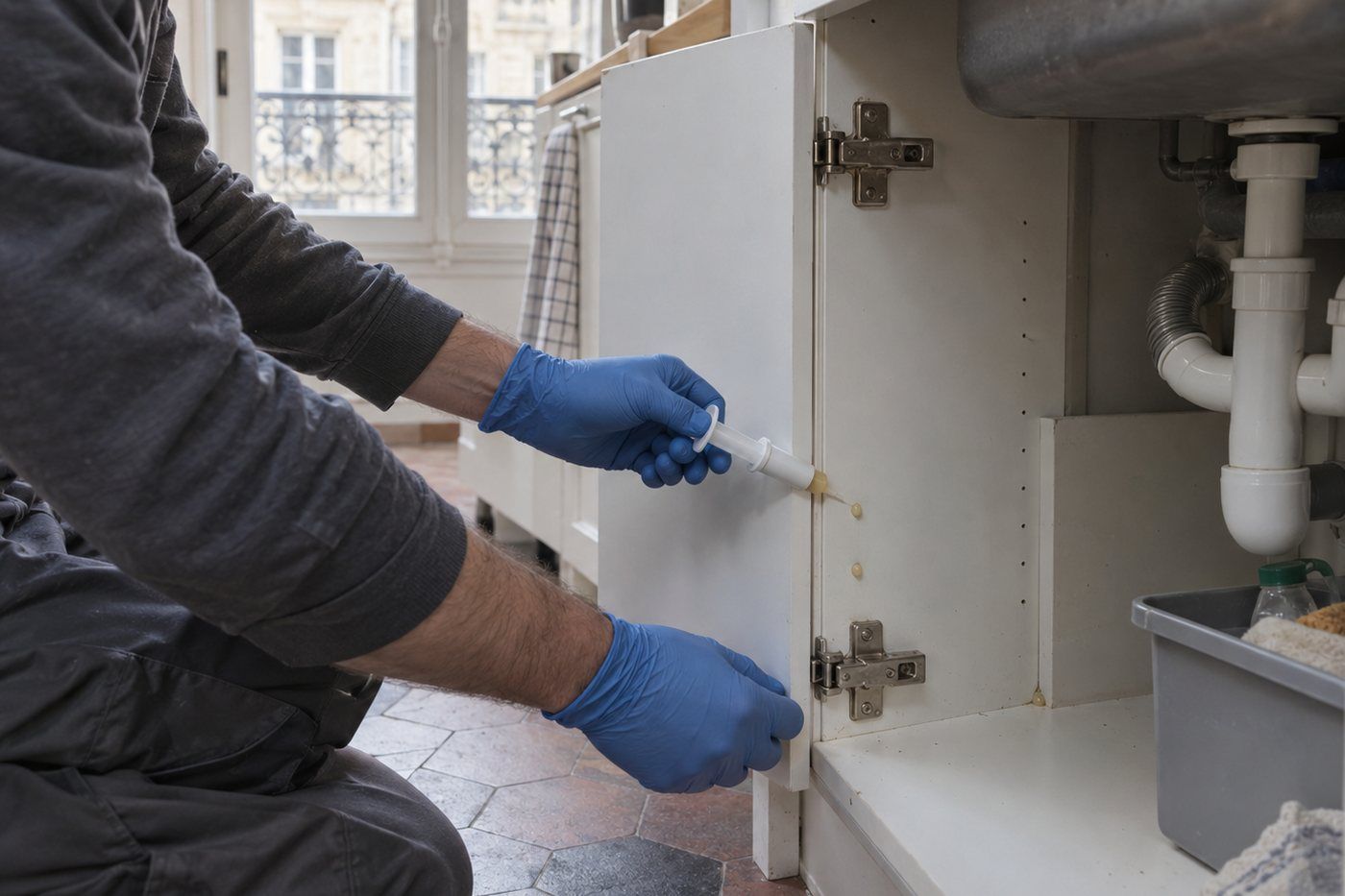 Un technicien pose du gel appât insecticide sous un évier de cuisine à Lyon