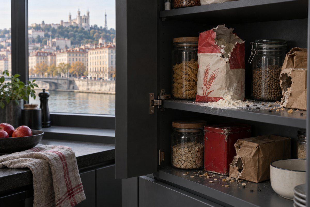 Vérification sous les meubles de cuisine dans un logement à Lyon