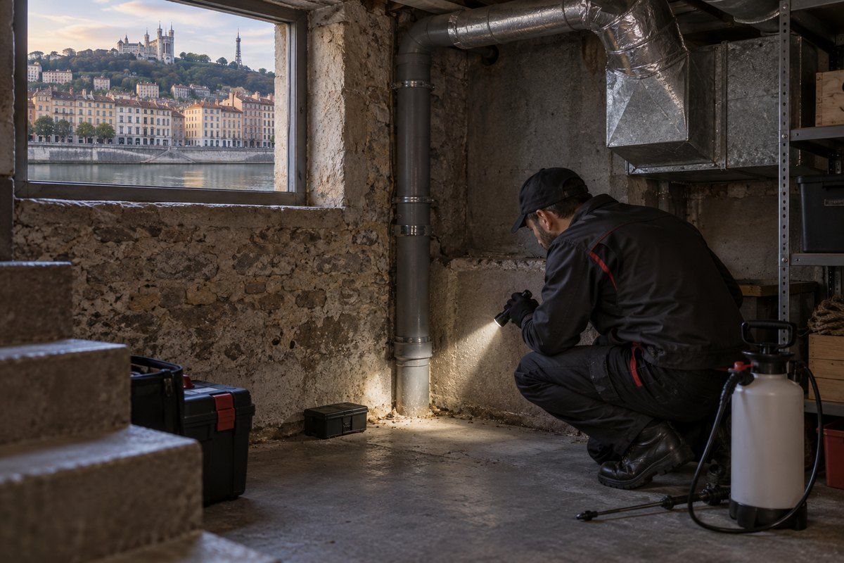 Technicien examinant un logement à la recherche de nuisibles à Lyon
